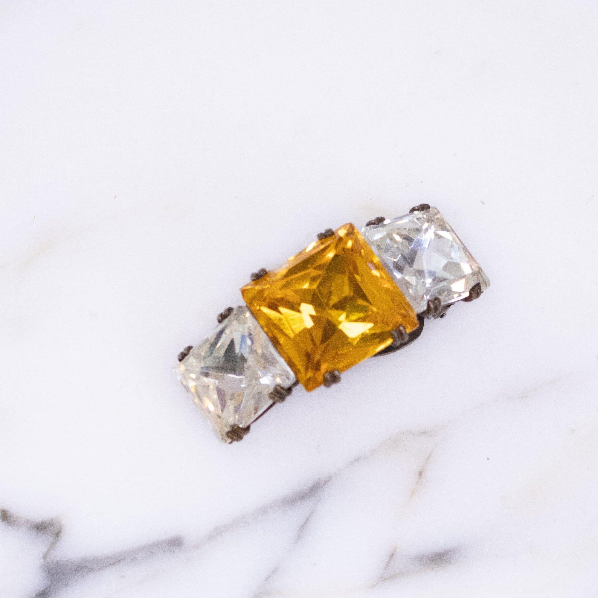 Vintage Made In France Citrine and Diamante Dress Clip with Large Princess Cut Stones by Vintage Meet Modern - Vintage Meet Modern Vintage Jewelry - Chicago, Illinois - #oldhollywoodglamour #vintagemeetmodern #designervintage #jewelrybox #antiquejewelry #vintagejewelry