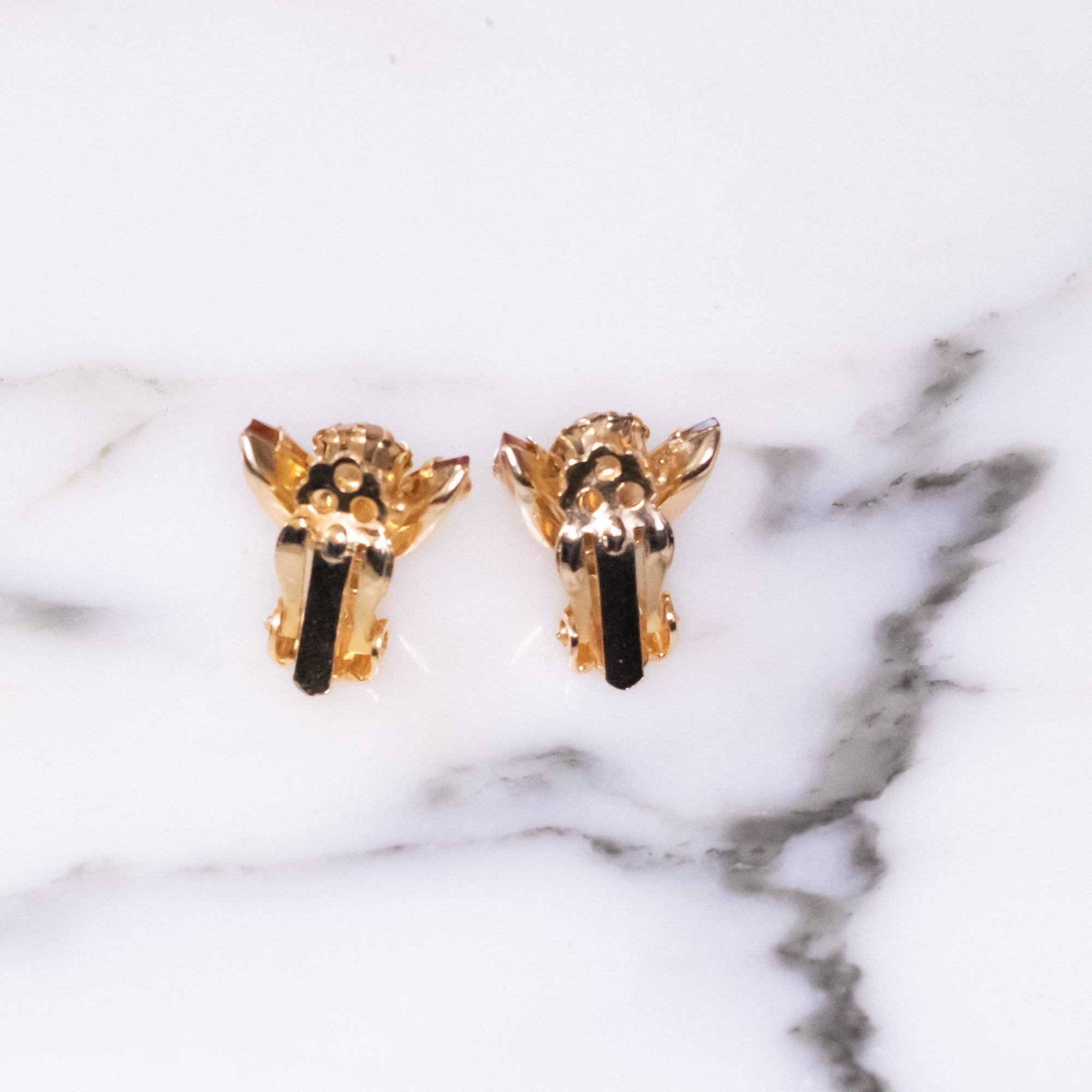 Vintage Petite Gold Rhinestone Earrings, Gold Tone Setting, Clip-on by 1950s - Vintage Meet Modern Vintage Jewelry - Chicago, Illinois - #oldhollywoodglamour #vintagemeetmodern #designervintage #jewelrybox #antiquejewelry #vintagejewelry