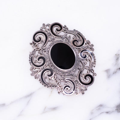 Vintage Large Victorian Sterling Silver, Onyx and Marcasite Brooch by Vintage Meet Modern - Vintage Meet Modern Vintage Jewelry - Chicago, Illinois - #oldhollywoodglamour #vintagemeetmodern #designervintage #jewelrybox #antiquejewelry #vintagejewelry