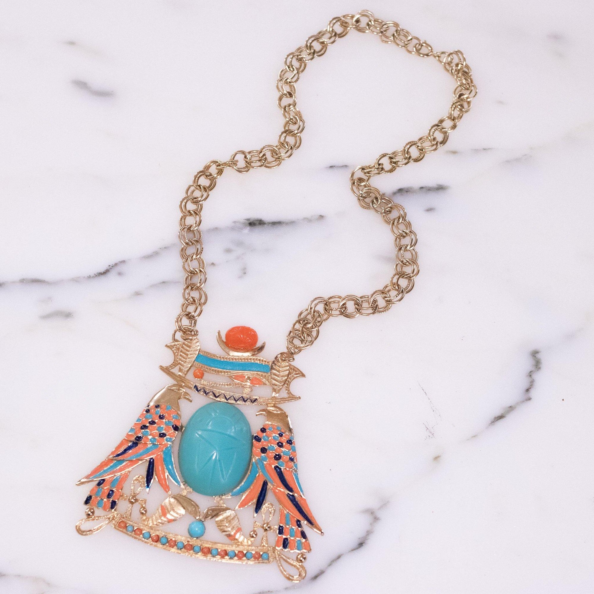 Vintage Accessocraft Turquoise Scarab Necklace by Vintage Meet Modern - Vintage Meet Modern Vintage Jewelry - Chicago, Illinois - #oldhollywoodglamour #vintagemeetmodern #designervintage #jewelrybox #antiquejewelry #vintagejewelry