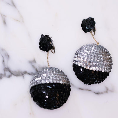 Vintage Huge Black and Silver Sequin Bon Bon Statement Earrings by Vintage Meet Modern - Vintage Meet Modern Vintage Jewelry - Chicago, Illinois - #oldhollywoodglamour #vintagemeetmodern #designervintage #jewelrybox #antiquejewelry #vintagejewelry