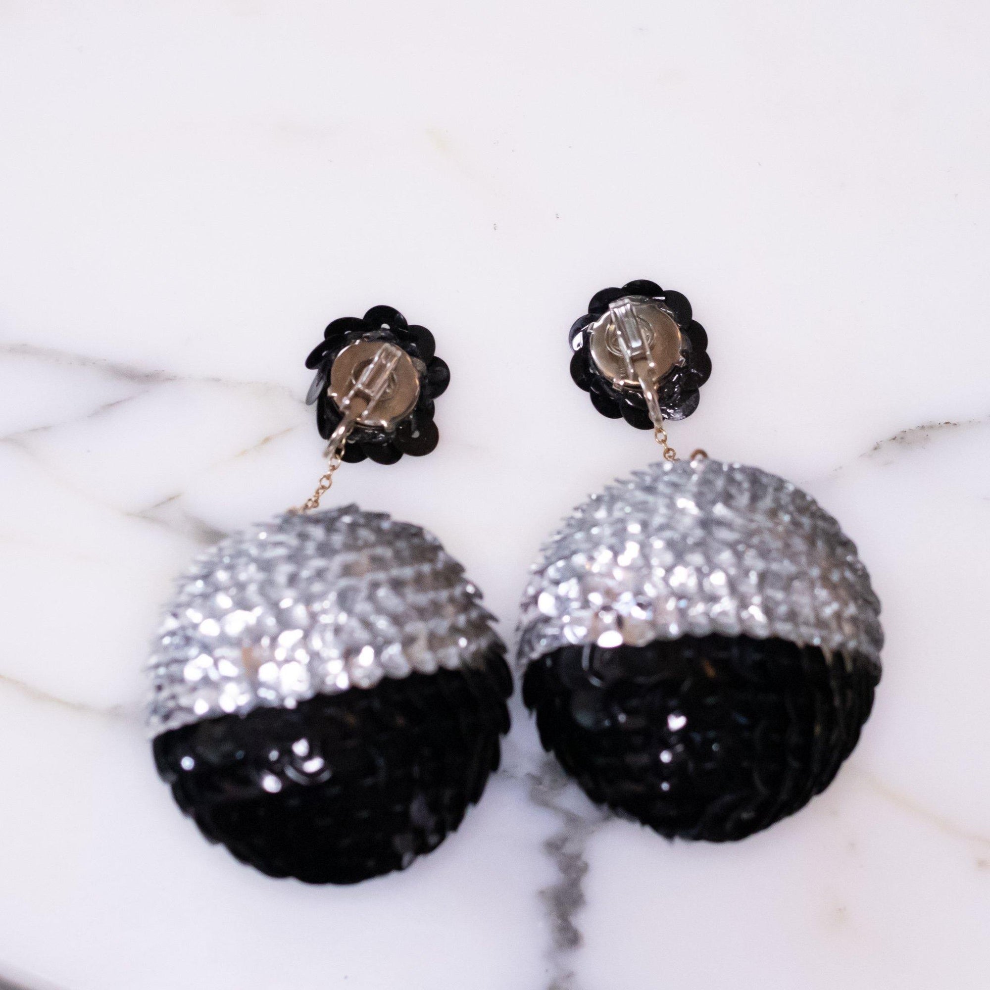 Vintage Huge Black and Silver Sequin Bon Bon Statement Earrings by Vintage Meet Modern - Vintage Meet Modern Vintage Jewelry - Chicago, Illinois - #oldhollywoodglamour #vintagemeetmodern #designervintage #jewelrybox #antiquejewelry #vintagejewelry