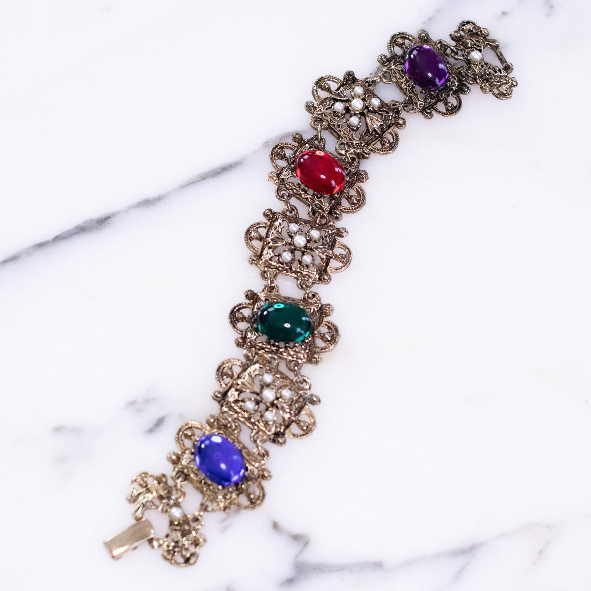 Vintage 1950s Victorian Revival Bracelet with Ornate Panel Links Colorful Jewel Tone Cabochons and Faux Pearls