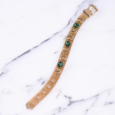 Vintage Gold Mesh Bracelet with Buckle Clasp Accented with Jade Glass Cabochons by Vintage Meet Modern - Vintage Meet Modern Vintage Jewelry - Chicago, Illinois - #oldhollywoodglamour #vintagemeetmodern #designervintage #jewelrybox #antiquejewelry #vintagejewelry