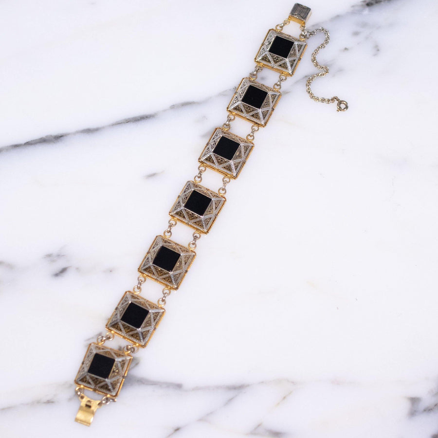 Vintage Black Enamel and Spanish Silver and Gold Damascene Square Link Bracelet by Damascene - Vintage Meet Modern Vintage Jewelry - Chicago, Illinois - #oldhollywoodglamour #vintagemeetmodern #designervintage #jewelrybox #antiquejewelry #vintagejewelry