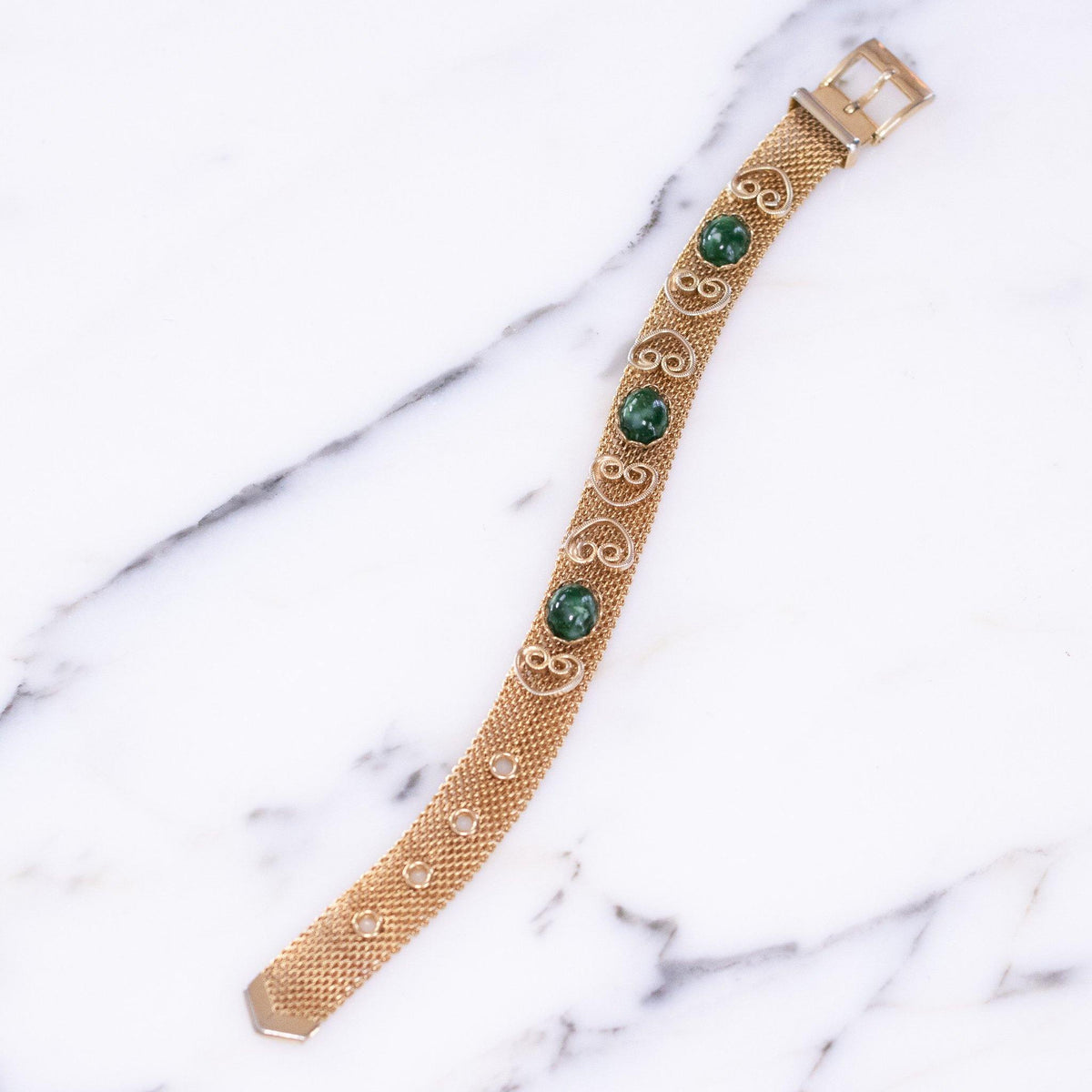 Vintage Gold Mesh Bracelet with Buckle Clasp Accented with Jade Glass Cabochons