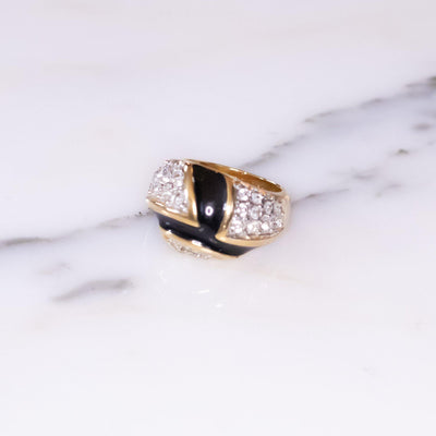 Vintage 1980s Black and Gold Enamel with Pave Diamante Rhinestones Statement Ring by Vintage Meet Modern  - Vintage Meet Modern Vintage Jewelry - Chicago, Illinois - #oldhollywoodglamour #vintagemeetmodern #designervintage #jewelrybox #antiquejewelry #vintagejewelry