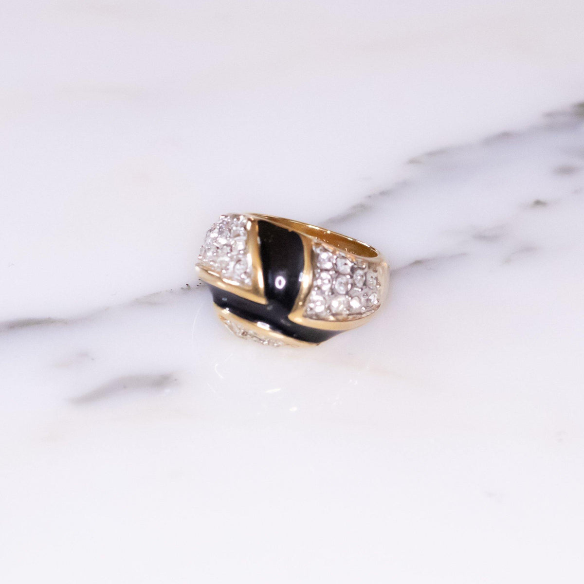 Vintage 1980s Black and Gold Enamel with Pave Diamante Rhinestones Statement Ring