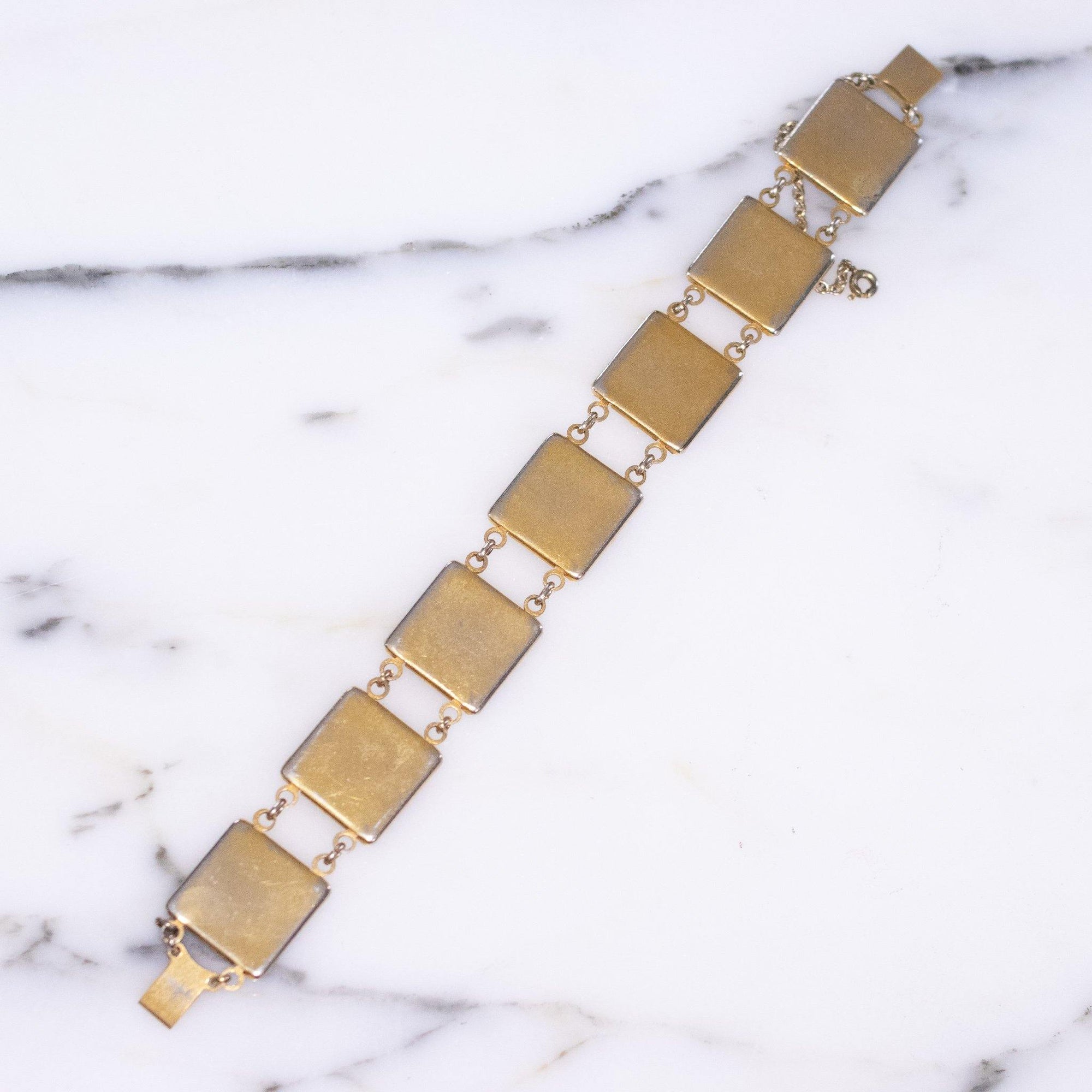 Vintage Black Enamel and Spanish Silver and Gold Damascene Square Link Bracelet by Damascene - Vintage Meet Modern Vintage Jewelry - Chicago, Illinois - #oldhollywoodglamour #vintagemeetmodern #designervintage #jewelrybox #antiquejewelry #vintagejewelry