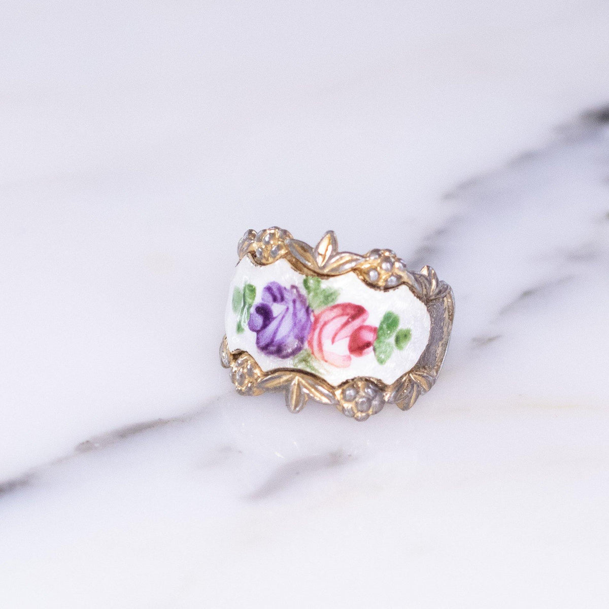 Vintage 1950s Pink and Purple Painted Roses on Enamel Wide Band Ring