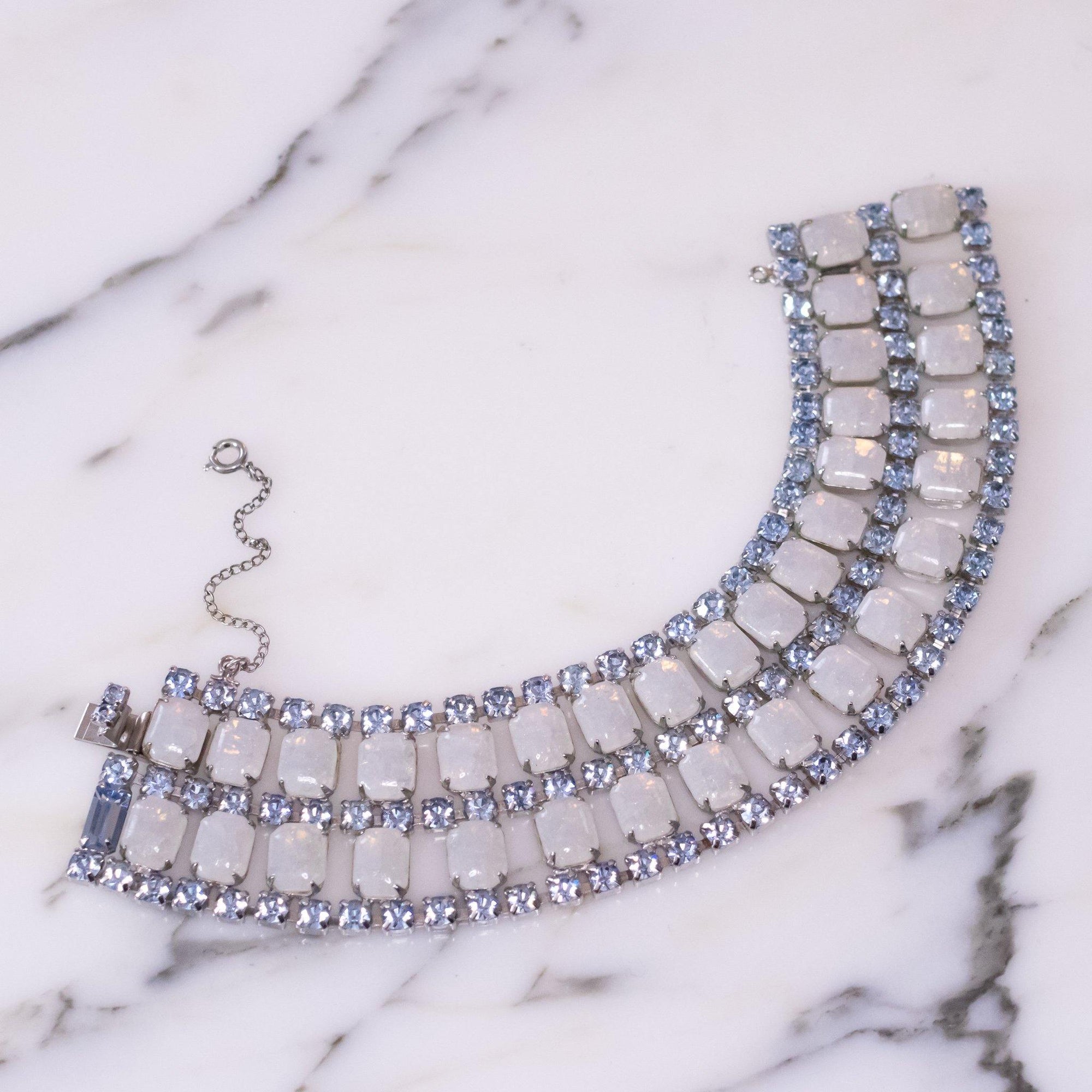 Vintage Blue Rhinestones and Opaline Wide Rhinestone Bracelet by Vintage Meet Modern - Vintage Meet Modern Vintage Jewelry - Chicago, Illinois - #oldhollywoodglamour #vintagemeetmodern #designervintage #jewelrybox #antiquejewelry #vintagejewelry