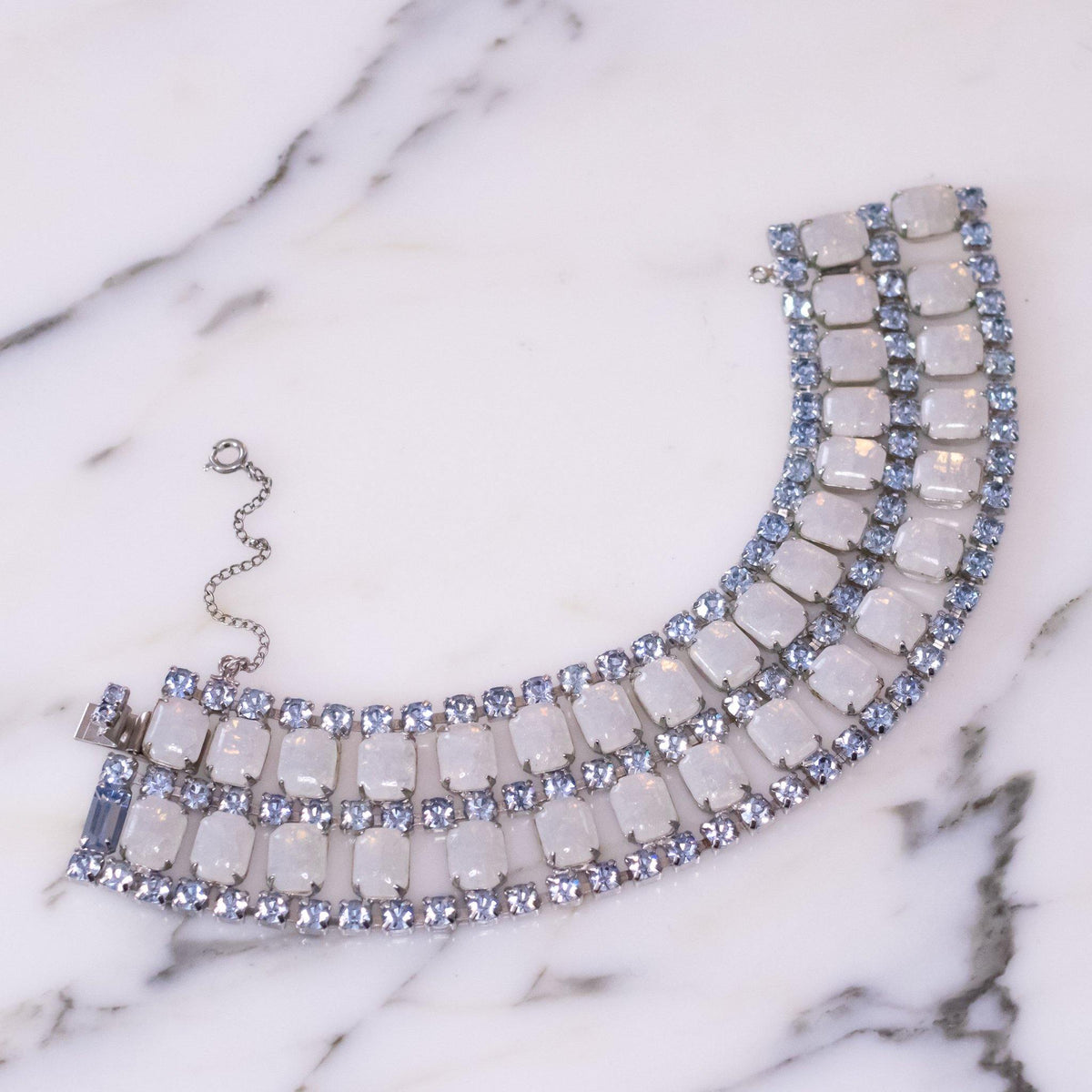 Vintage Blue Rhinestones and Opaline Wide Rhinestone Bracelet