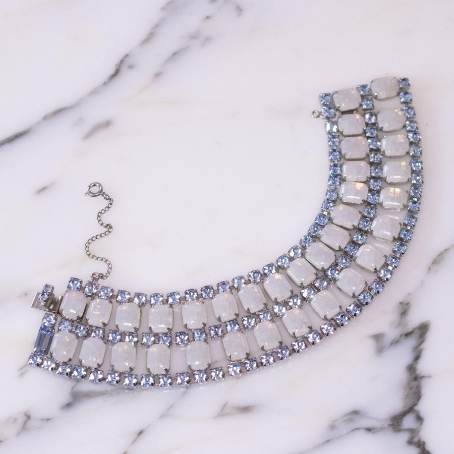 Vintage Blue Rhinestones and Opaline Wide Rhinestone Bracelet by Vintage Meet Modern - Vintage Meet Modern Vintage Jewelry - Chicago, Illinois - #oldhollywoodglamour #vintagemeetmodern #designervintage #jewelrybox #antiquejewelry #vintagejewelry