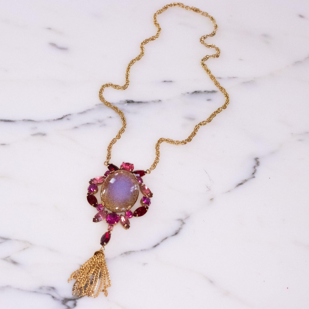 Vintage Juliana Pink Rhinestone and Fire Opal Glass Pendant Statement Necklace