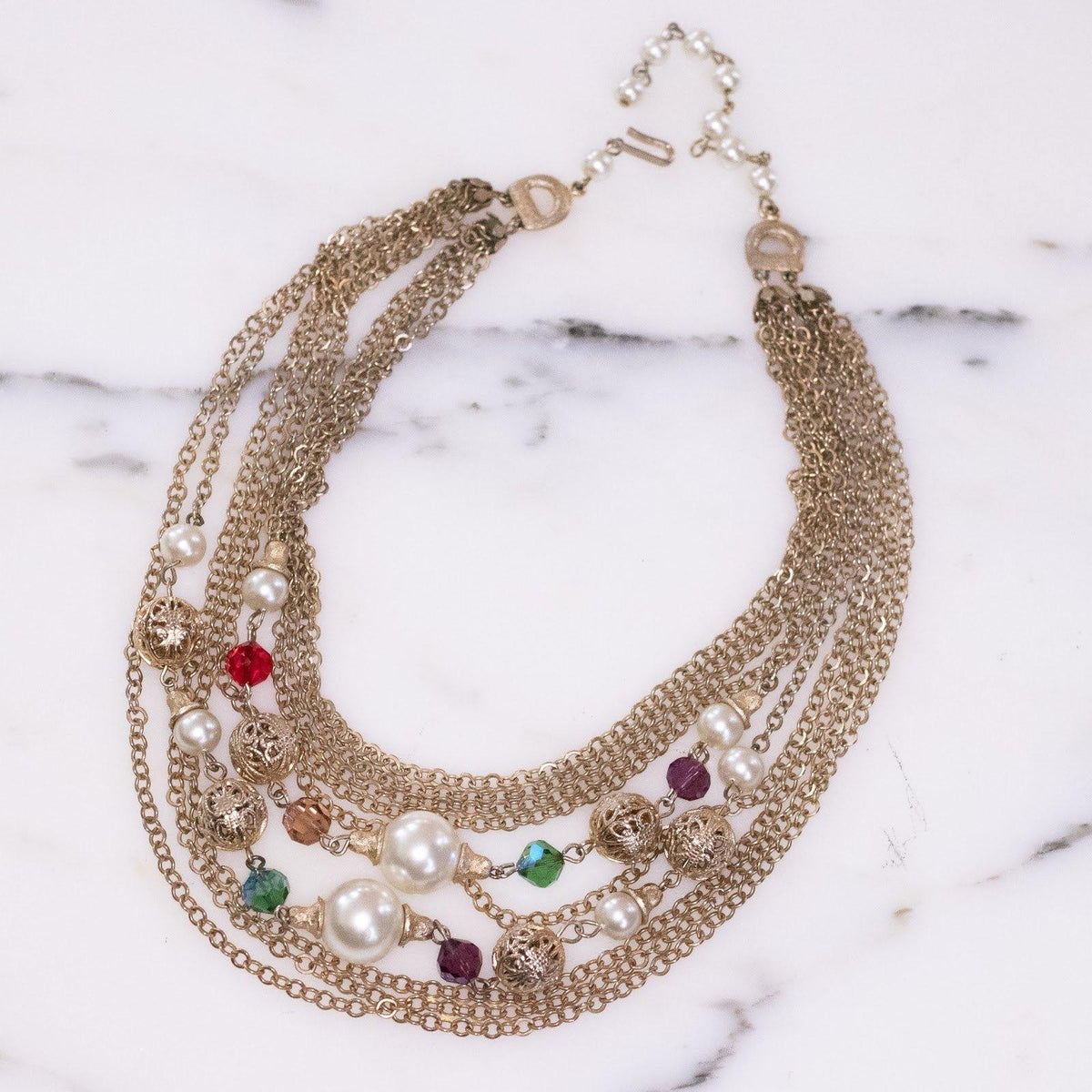 Vintage Mutli-Strand Gold Necklace with Faux Pearls, Filigree Beads, and Faceted Crystals