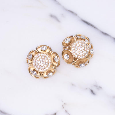 Vintage Gold Dome Scroll Crystal Rhinestone Statement Earrings by 1970s - Vintage Meet Modern Vintage Jewelry - Chicago, Illinois - #oldhollywoodglamour #vintagemeetmodern #designervintage #jewelrybox #antiquejewelry #vintagejewelry