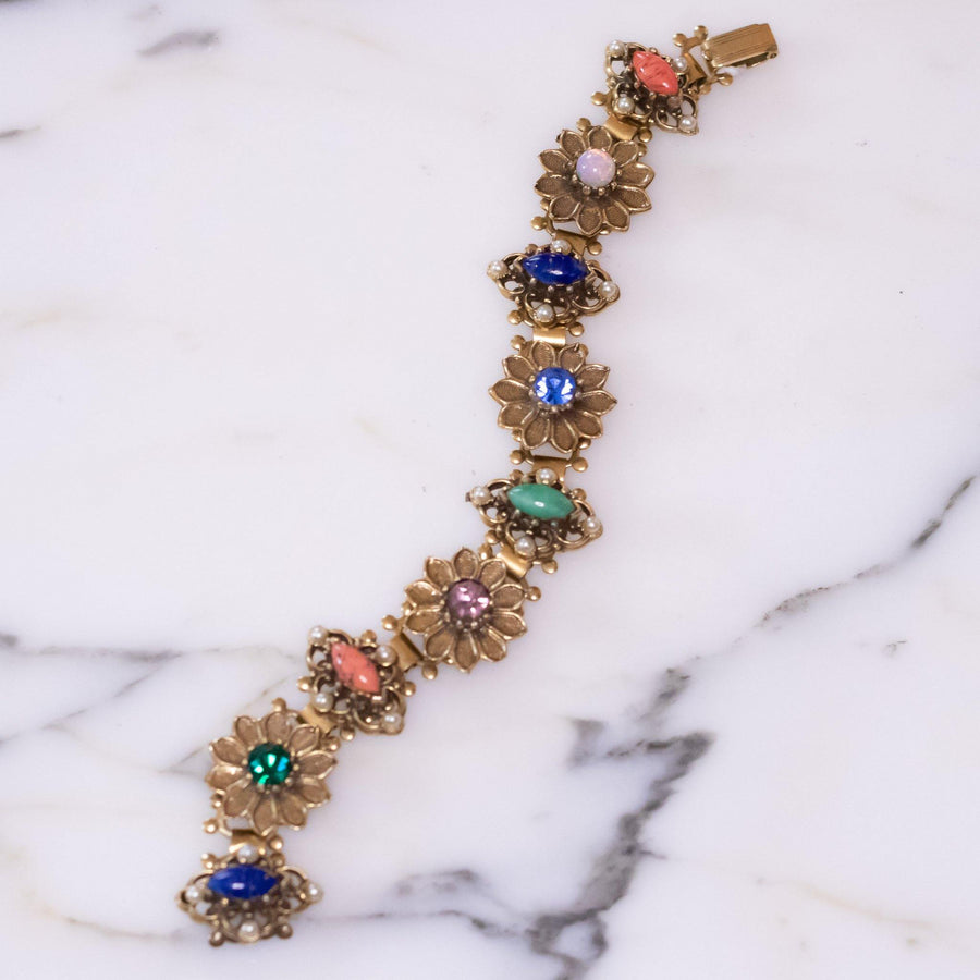 Vintage Victorian Revival Bracelet with Colorful Lucite Stones and Rhinestones Blue, Green, Coral, Purple, Opaline, Faux Coral, Faux Jade by Vintage Meet Modern - Vintage Meet Modern Vintage Jewelry - Chicago, Illinois - #oldhollywoodglamour #vintagemeetmodern #designervintage #jewelrybox #antiquejewelry #vintagejewelry