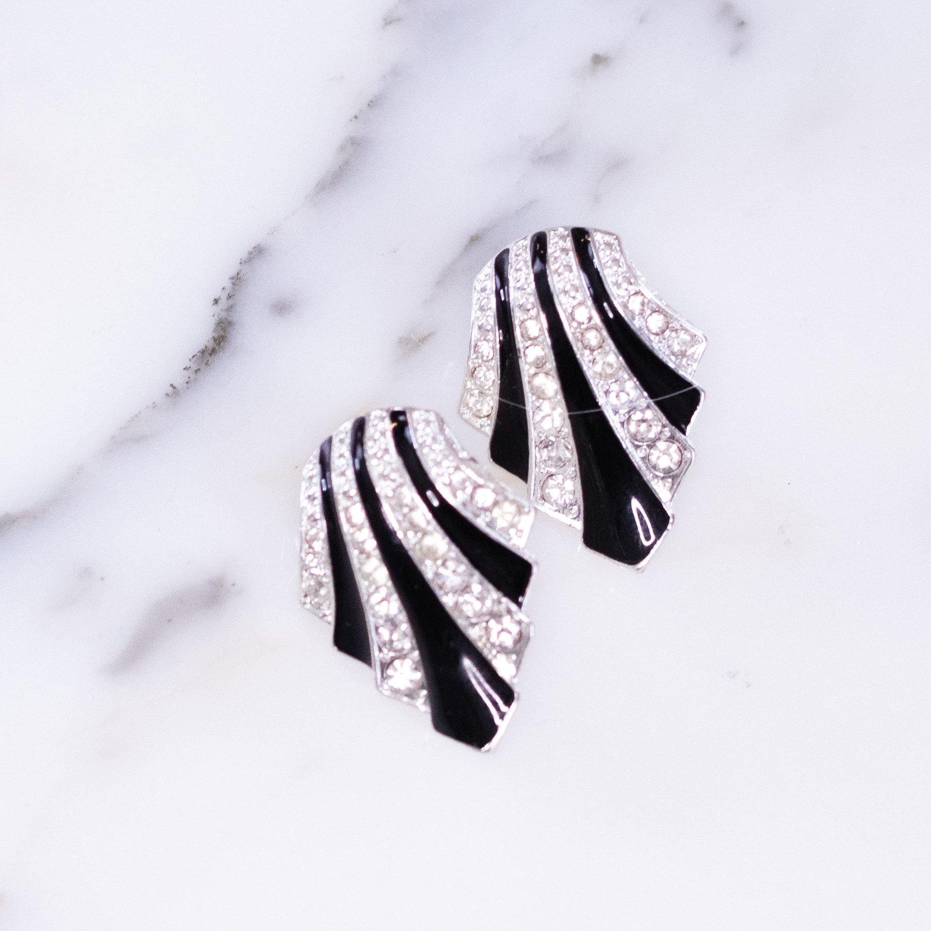 Vintage Avon Art Deco Diamante and Black Enamel Fan Earrings by Vintage Meet Modern - Vintage Meet Modern Vintage Jewelry - Chicago, Illinois - #oldhollywoodglamour #vintagemeetmodern #designervintage #jewelrybox #antiquejewelry #vintagejewelry