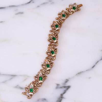 Vintage Gold Leaf Bracelet Emerald Crystals by Unsigned Beauty - Vintage Meet Modern Vintage Jewelry - Chicago, Illinois - #oldhollywoodglamour #vintagemeetmodern #designervintage #jewelrybox #antiquejewelry #vintagejewelry