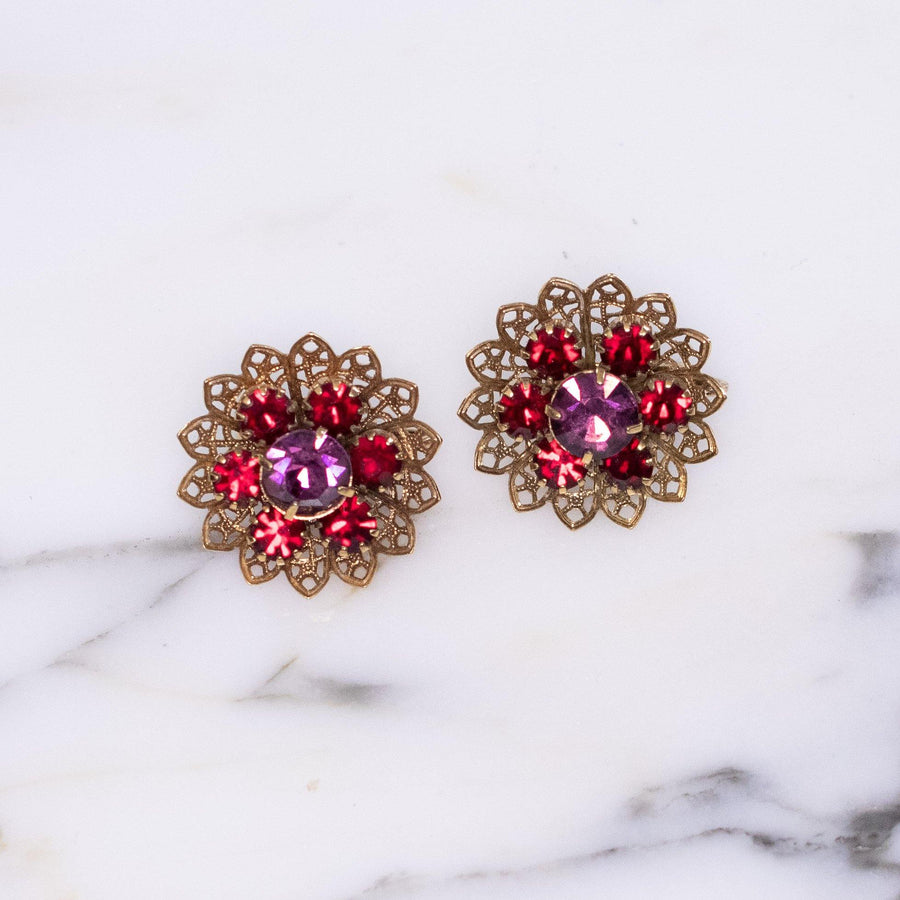 Vintage Coro Gold Tone Earrings, Purple Rhinestone, Red Rhinestones, Clip-on by 1940s - Vintage Meet Modern Vintage Jewelry - Chicago, Illinois - #oldhollywoodglamour #vintagemeetmodern #designervintage #jewelrybox #antiquejewelry #vintagejewelry