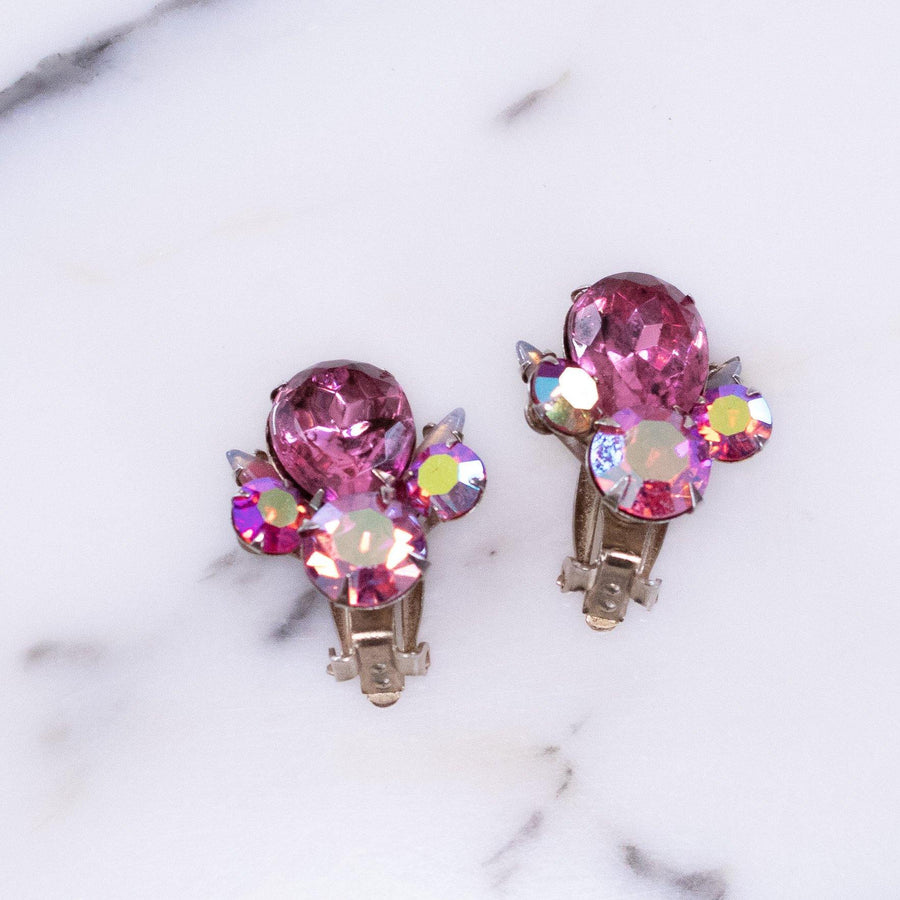 Vintage Juliana Pink and Aurora Borealis Statement Earrings by Vintage Meet Modern - Vintage Meet Modern Vintage Jewelry - Chicago, Illinois - #oldhollywoodglamour #vintagemeetmodern #designervintage #jewelrybox #antiquejewelry #vintagejewelry