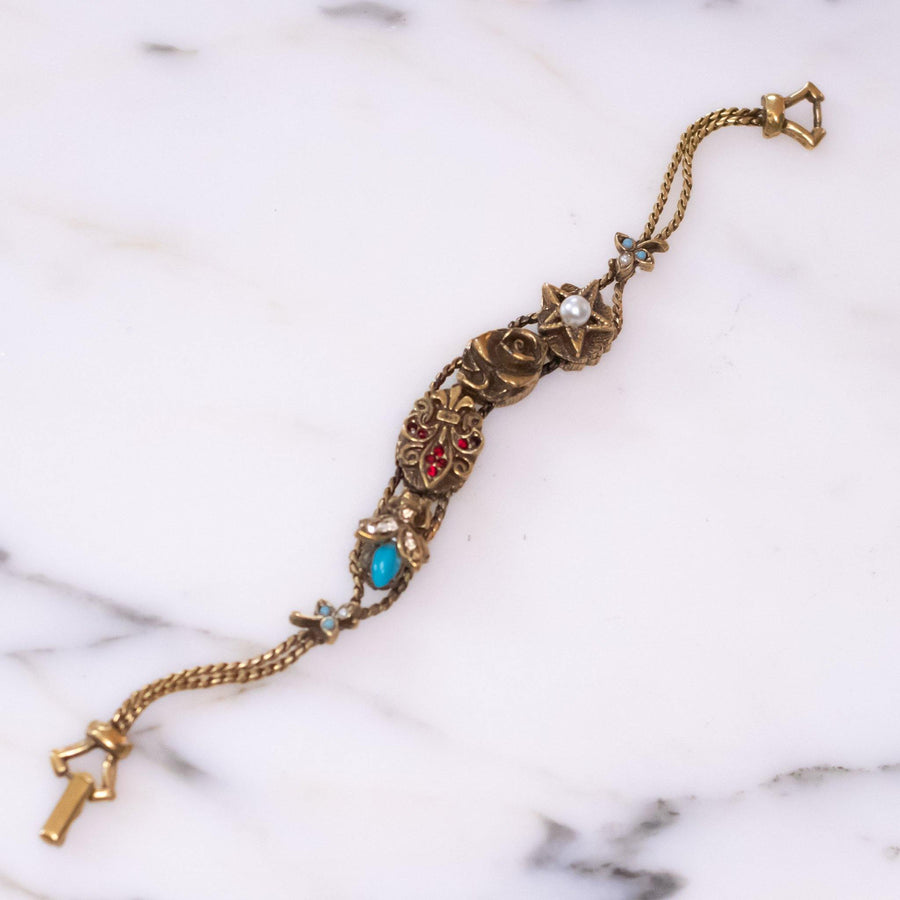 Vintage Goldette Victorian Slide Charm Bracelet by Vintage Meet Modern - Vintage Meet Modern Vintage Jewelry - Chicago, Illinois - #oldhollywoodglamour #vintagemeetmodern #designervintage #jewelrybox #antiquejewelry #vintagejewelry