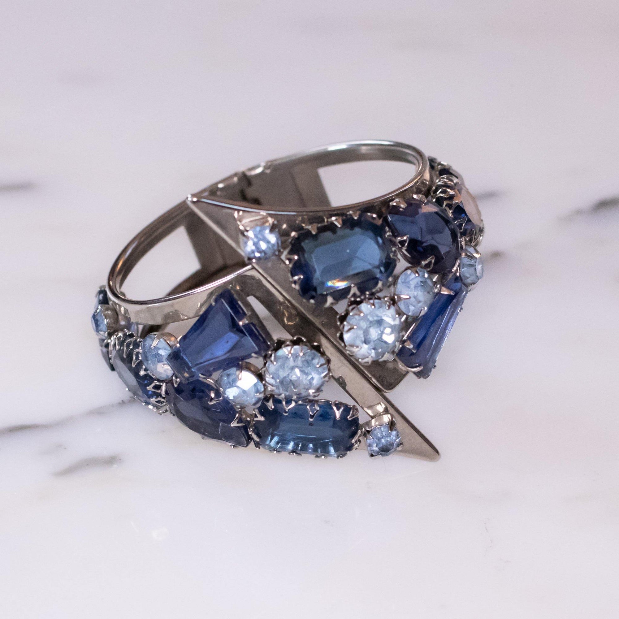 Vintage Retro Clamper Bracelet with Blue Rhinestones by Vintage Meet Modern - Vintage Meet Modern Vintage Jewelry - Chicago, Illinois - #oldhollywoodglamour #vintagemeetmodern #designervintage #jewelrybox #antiquejewelry #vintagejewelry