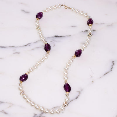 Vintage Faux Pearl and Purple Lucite Bead Necklace by Vintage Meet Modern - Vintage Meet Modern Vintage Jewelry - Chicago, Illinois - #oldhollywoodglamour #vintagemeetmodern #designervintage #jewelrybox #antiquejewelry #vintagejewelry