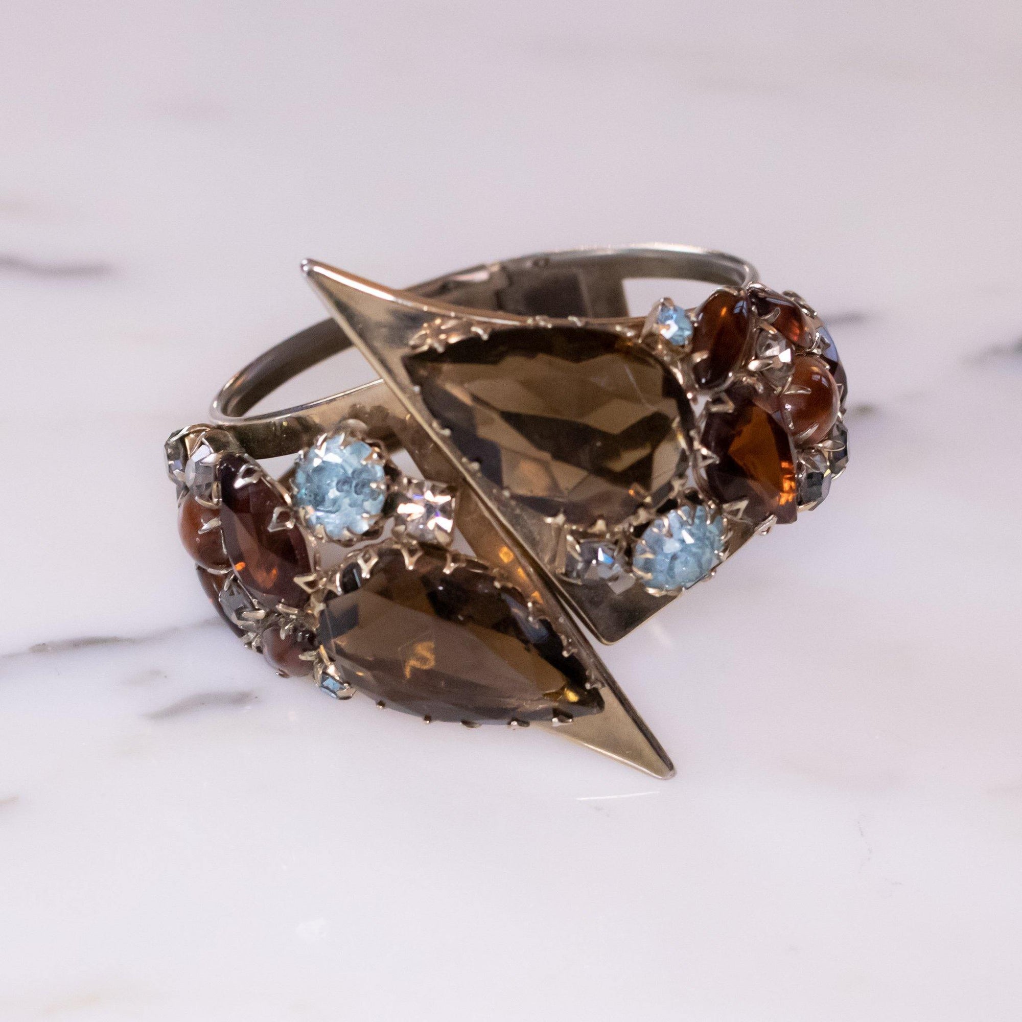 Vintage Retro Clamper Rhinestones with Smokey Crystals, Blue and Amber Rhinestones by Vintage Meet Modern - Vintage Meet Modern Vintage Jewelry - Chicago, Illinois - #oldhollywoodglamour #vintagemeetmodern #designervintage #jewelrybox #antiquejewelry #vintagejewelry