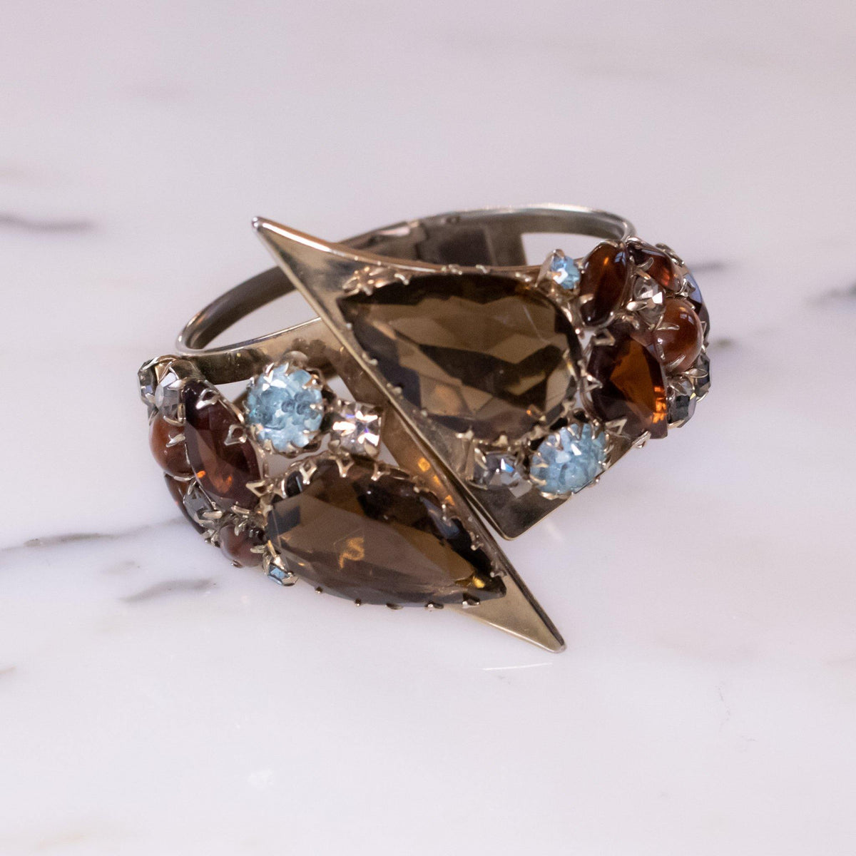 Vintage Retro Clamper Rhinestones with Smokey Crystals, Blue and Amber Rhinestones