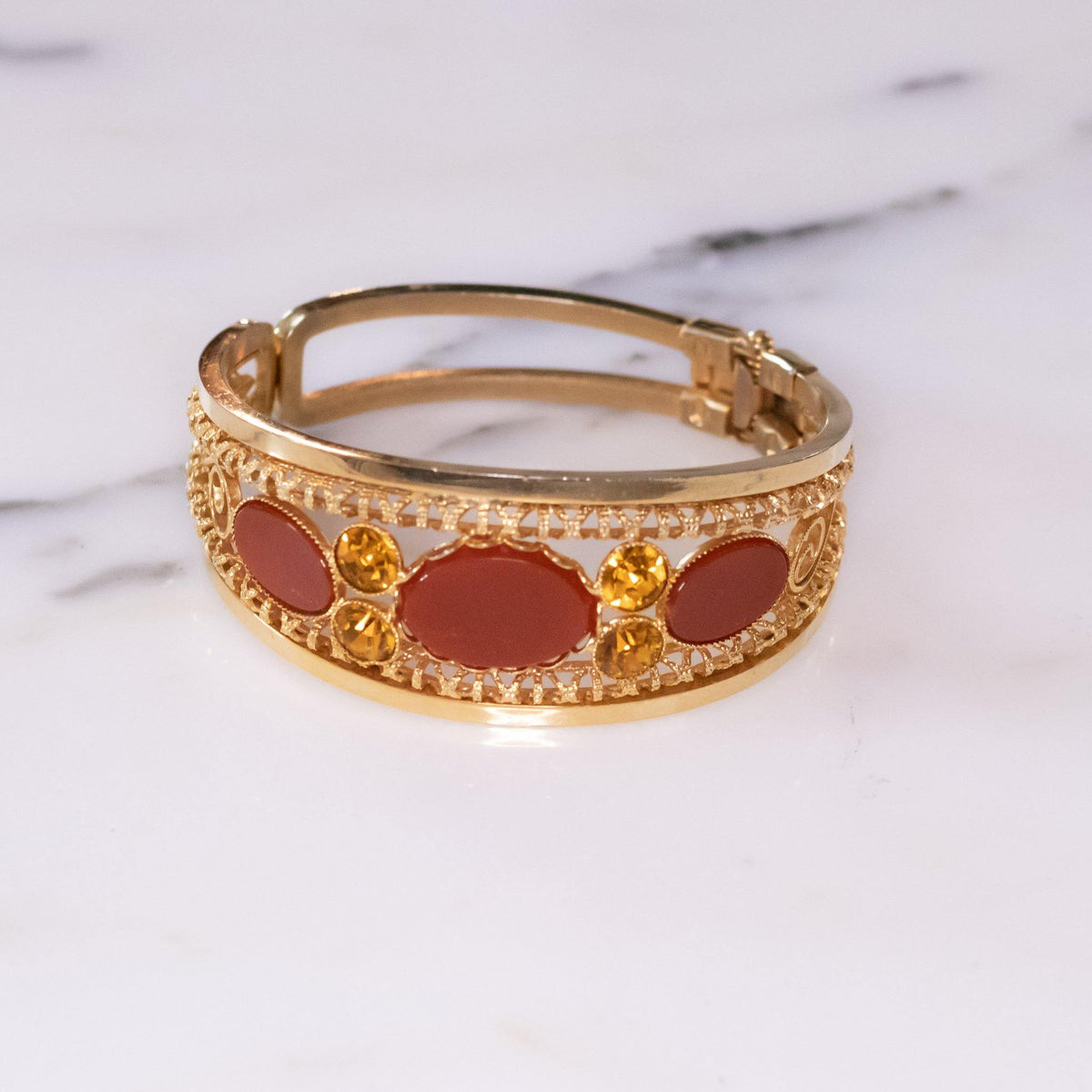 Vintage Orange Lucite and Citrine Rhinestone Hinged Bangle