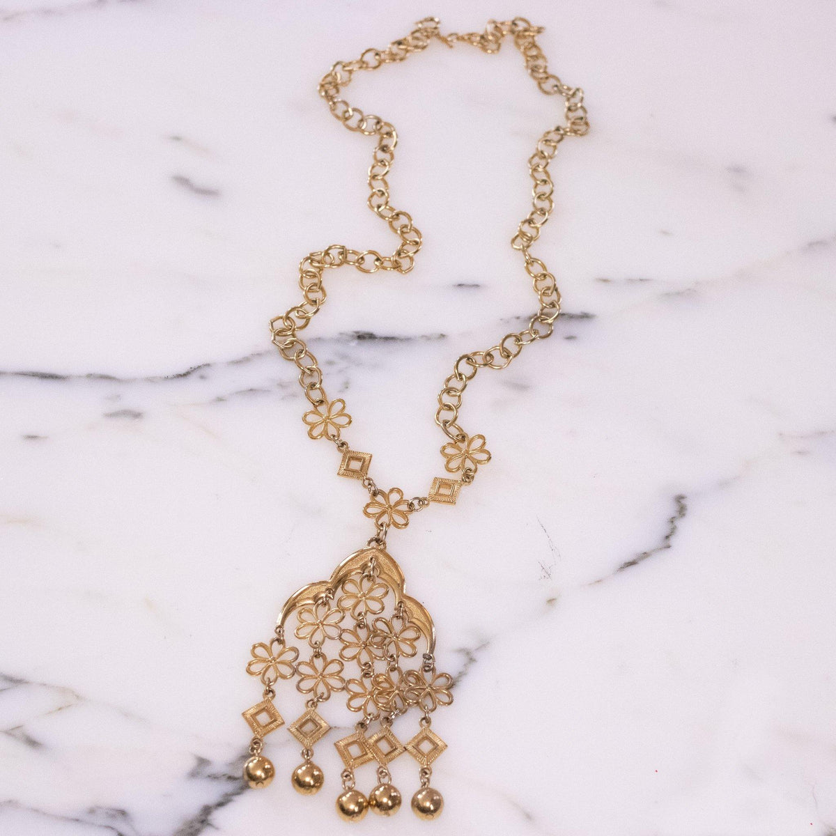 Vintage Crown Trifari Floral Link Tassel Statement Necklace