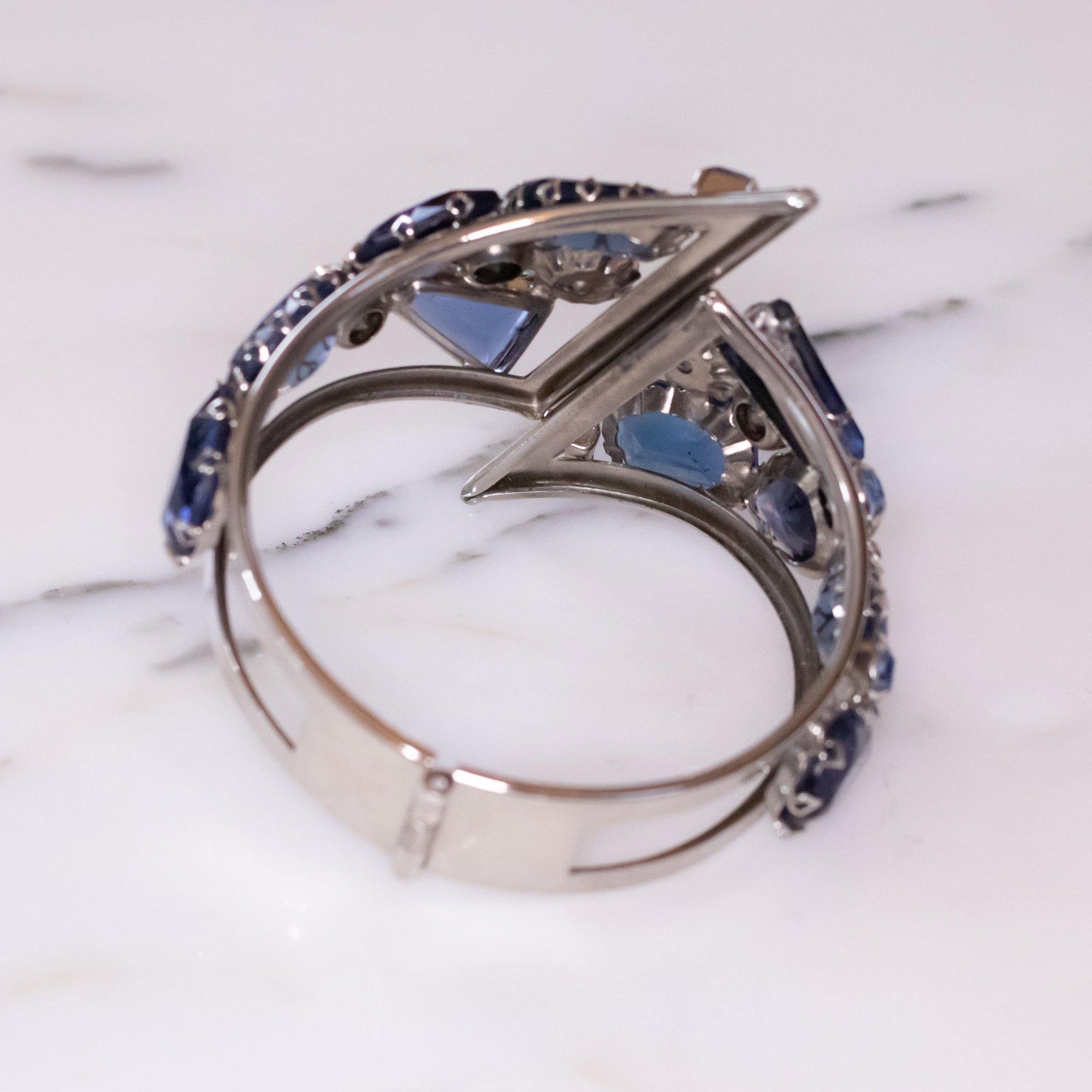 Vintage Retro Clamper Bracelet with Blue Rhinestones by Vintage Meet Modern - Vintage Meet Modern Vintage Jewelry - Chicago, Illinois - #oldhollywoodglamour #vintagemeetmodern #designervintage #jewelrybox #antiquejewelry #vintagejewelry