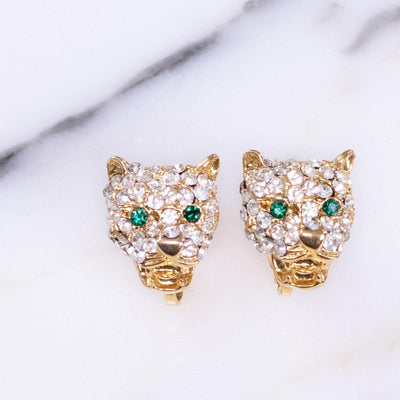 Vintage Puccini Pave Crystal and Emerald Eye Jaguar Earrings by Vintage Meet Modern  - Vintage Meet Modern Vintage Jewelry - Chicago, Illinois - #oldhollywoodglamour #vintagemeetmodern #designervintage #jewelrybox #antiquejewelry #vintagejewelry