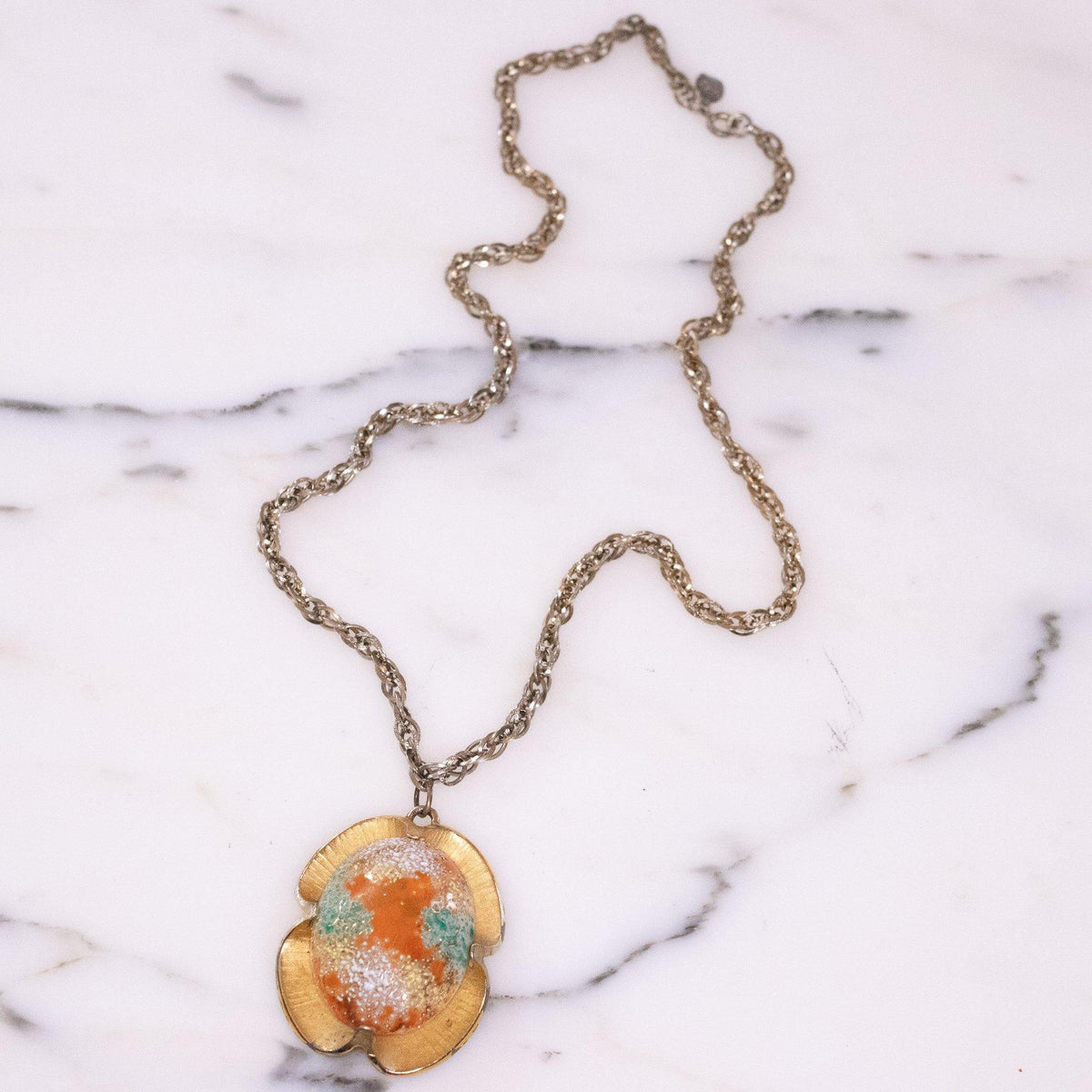 Vintage Judy Lee Sparkling Green Orange White Easter Egg Pendant Necklace
