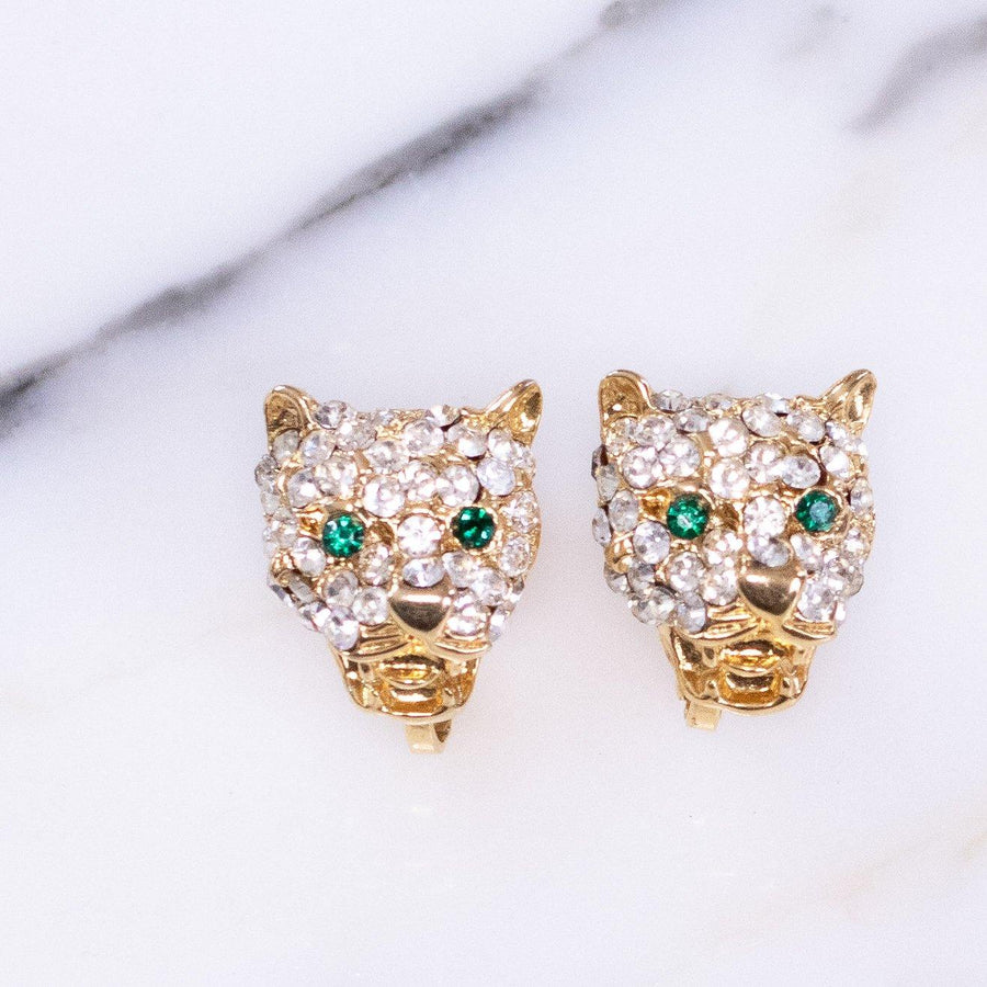 Vintage Puccini Pave Crystal and Emerald Eye Jaguar Earrings by Vintage Meet Modern - Vintage Meet Modern Vintage Jewelry - Chicago, Illinois - #oldhollywoodglamour #vintagemeetmodern #designervintage #jewelrybox #antiquejewelry #vintagejewelry