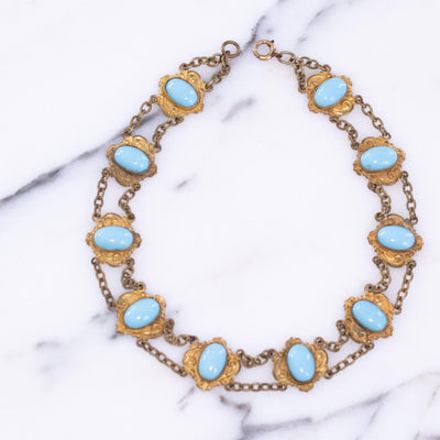 Vintage Turquoise Glass Gilt Choker Necklace by Vintage Meet Modern - Vintage Meet Modern Vintage Jewelry - Chicago, Illinois - #oldhollywoodglamour #vintagemeetmodern #designervintage #jewelrybox #antiquejewelry #vintagejewelry