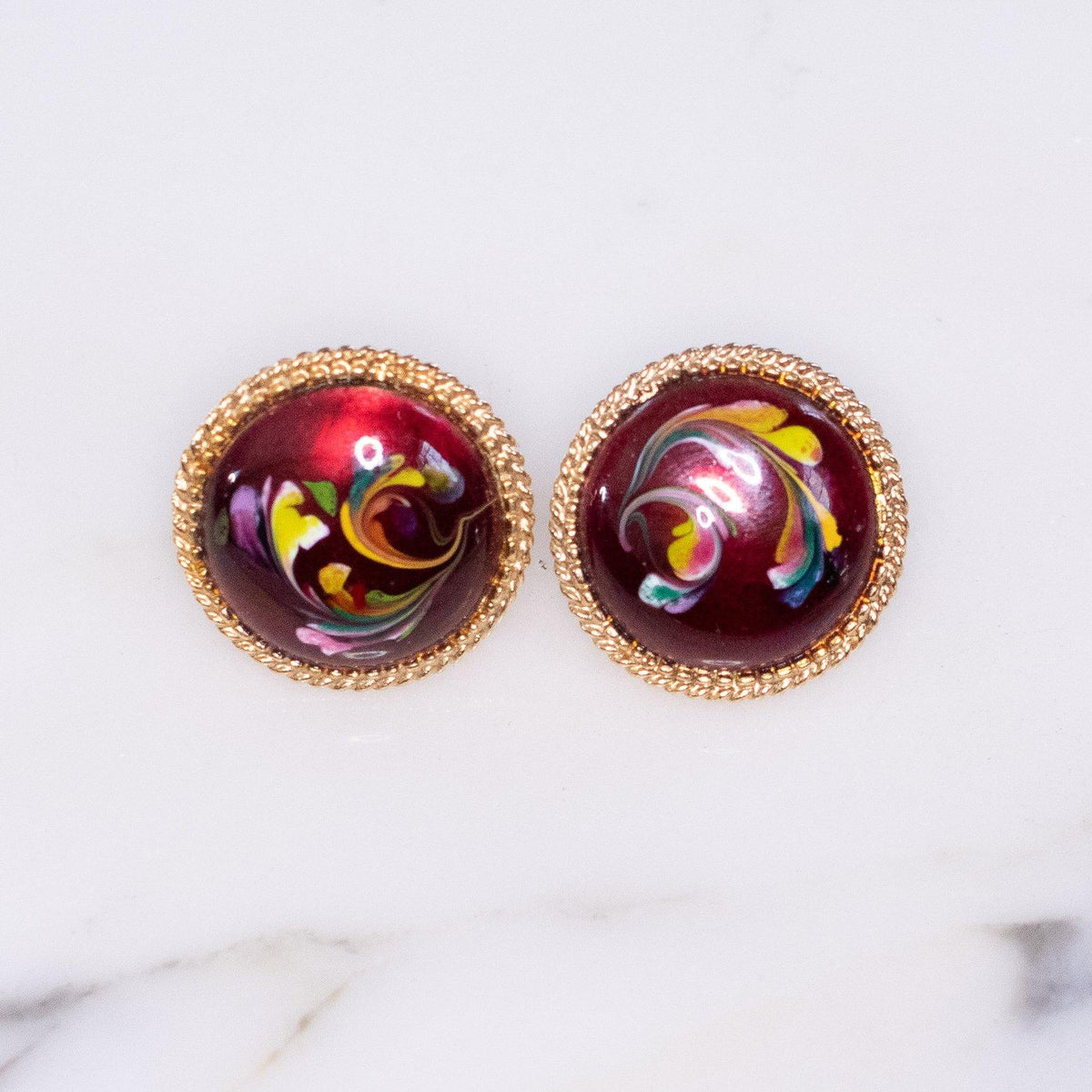 Vintage Florenza Earrings with Red Multi-Color Enamel Detailing
