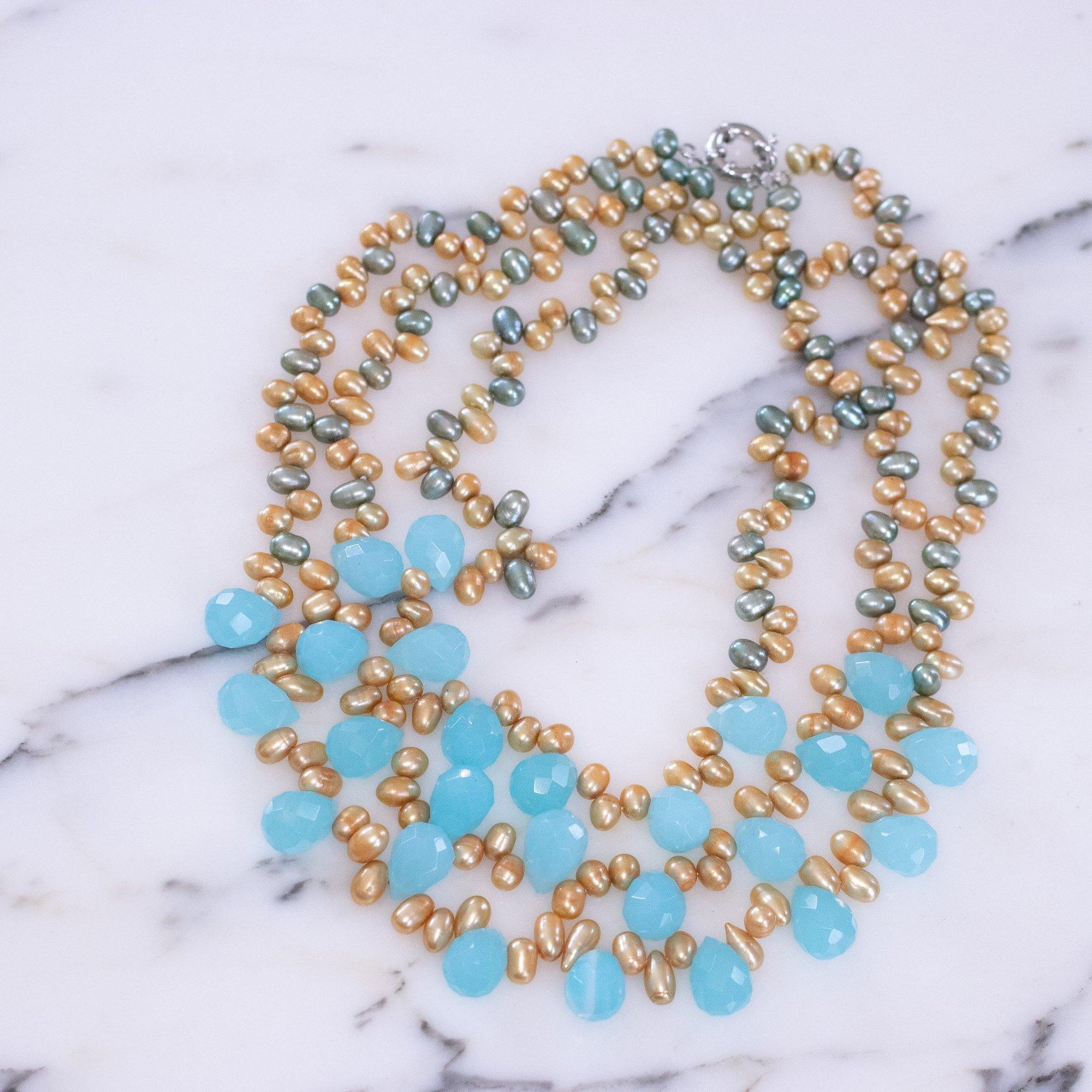 Vintage Triple Strand Peruvian Blue Chalcedony and Freshwater Pearl Necklace by Vintage Meet Modern - Vintage Meet Modern Vintage Jewelry - Chicago, Illinois - #oldhollywoodglamour #vintagemeetmodern #designervintage #jewelrybox #antiquejewelry #vintagejewelry