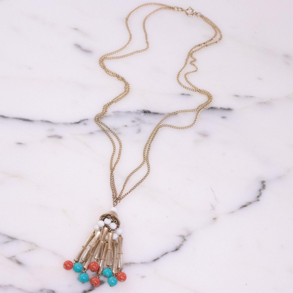 Vintage 1960s Tassel Necklace with White, Coral, and Turquoise Lucite Beads