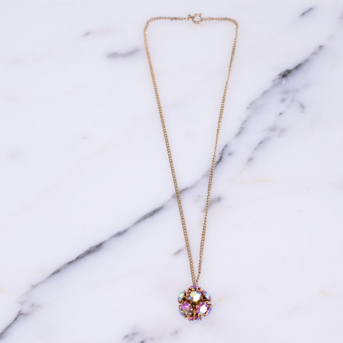 Vintage Weiss Pink Aurora Borealis Petite Pom Pom Necklace
