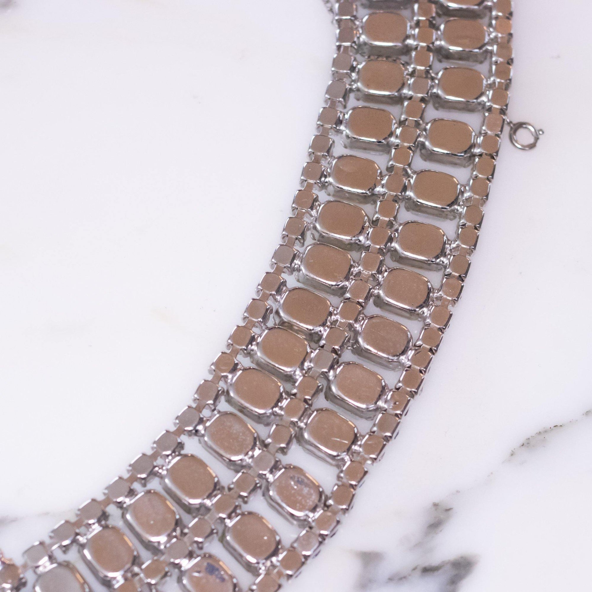 Vintage Blue Rhinestones and Opaline Wide Rhinestone Bracelet by Vintage Meet Modern - Vintage Meet Modern Vintage Jewelry - Chicago, Illinois - #oldhollywoodglamour #vintagemeetmodern #designervintage #jewelrybox #antiquejewelry #vintagejewelry