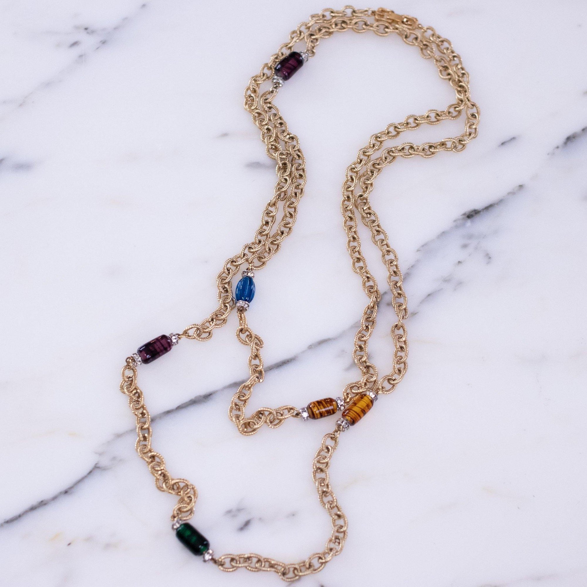 Vintage Givenchy Couture Long Gold Chain Necklace with Crystal Bead Stations, Brown, Green and Blue Beads, Diamante Crystals by Givenchy - Vintage Meet Modern Vintage Jewelry - Chicago, Illinois - #oldhollywoodglamour #vintagemeetmodern #designervintage #jewelrybox #antiquejewelry #vintagejewelry