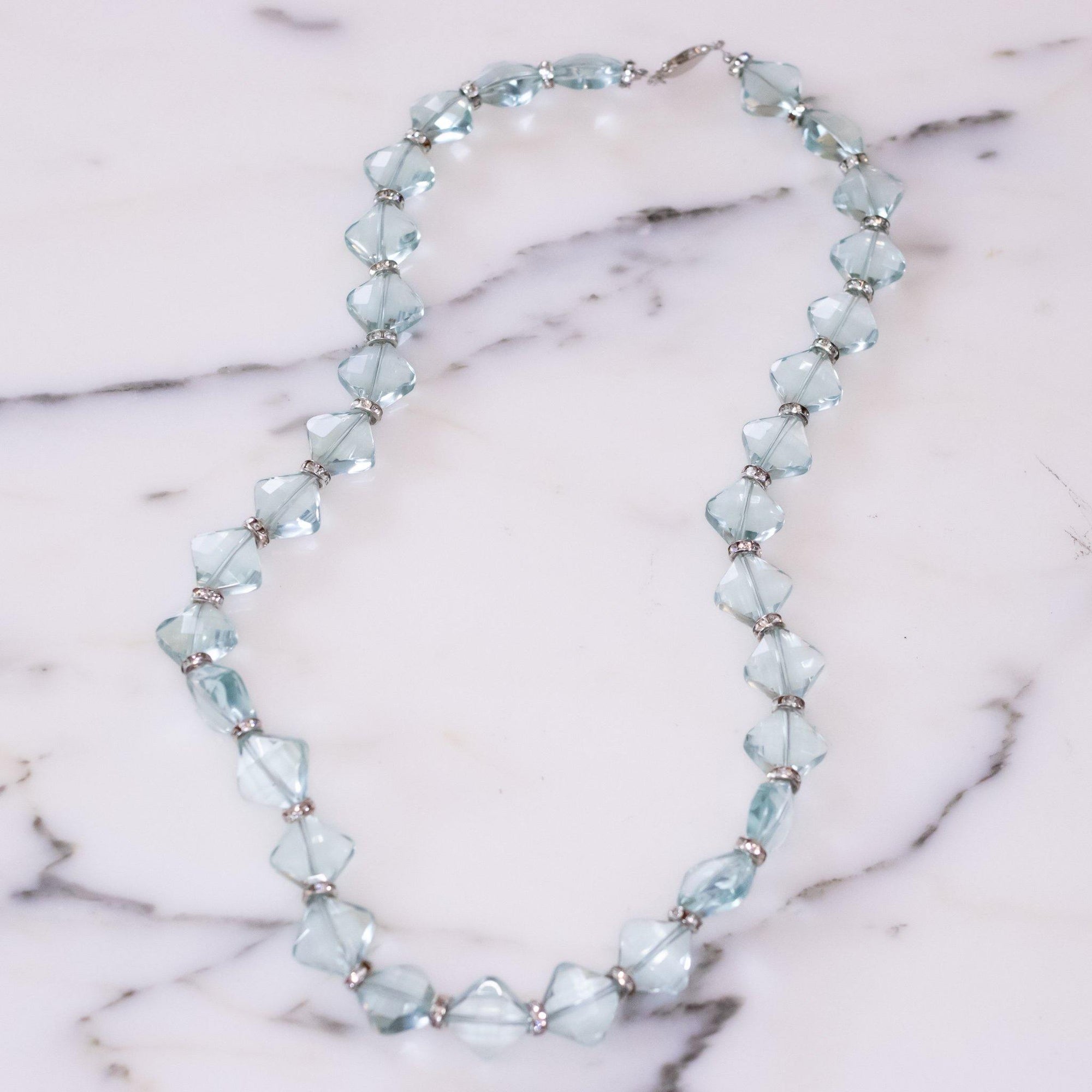 Vintage Art Deco Era Blue Diamond Shape Faceted Crystal Bead with Rhinestone Rondelles by Vintage Meet Modern - Vintage Meet Modern Vintage Jewelry - Chicago, Illinois - #oldhollywoodglamour #vintagemeetmodern #designervintage #jewelrybox #antiquejewelry #vintagejewelry