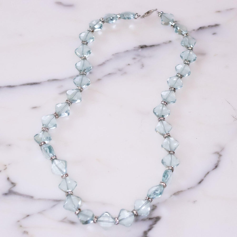 Vintage Art Deco Era Blue Diamond Shape Faceted Crystal Bead with Rhinestone Rondelles by Vintage Meet Modern - Vintage Meet Modern Vintage Jewelry - Chicago, Illinois - #oldhollywoodglamour #vintagemeetmodern #designervintage #jewelrybox #antiquejewelry #vintagejewelry