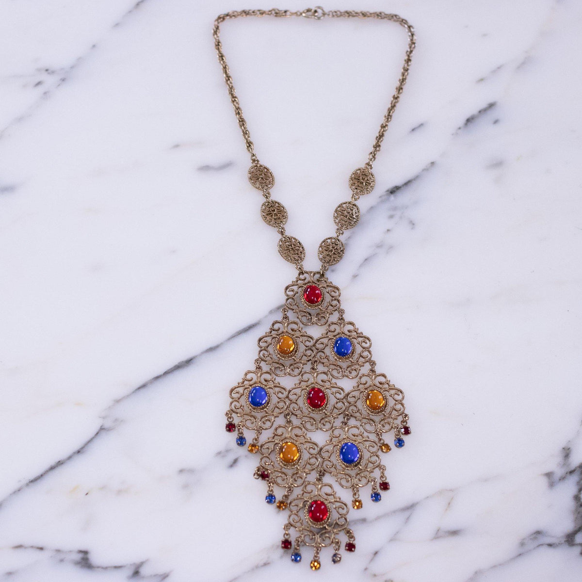 Vintage Huge Filigree Pendant Necklace with Colorful Glass Cabochons in Blue, Red, and Citrine