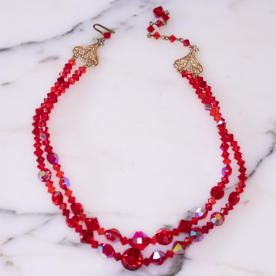 Vintage Red Aurora Borealis Double Strand Necklace by Vintage Meet Modern - Vintage Meet Modern Vintage Jewelry - Chicago, Illinois - #oldhollywoodglamour #vintagemeetmodern #designervintage #jewelrybox #antiquejewelry #vintagejewelry