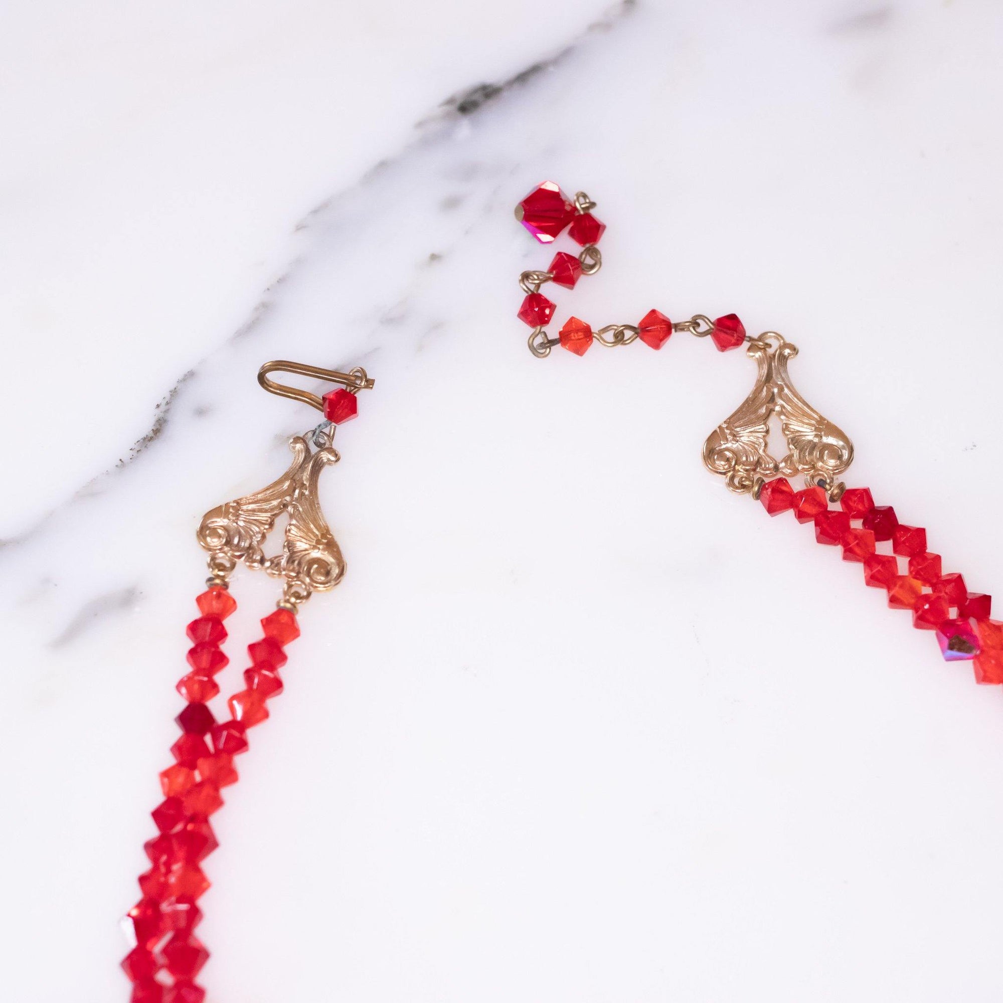 Vintage Red Aurora Borealis Double Strand Necklace by Vintage Meet Modern - Vintage Meet Modern Vintage Jewelry - Chicago, Illinois - #oldhollywoodglamour #vintagemeetmodern #designervintage #jewelrybox #antiquejewelry #vintagejewelry