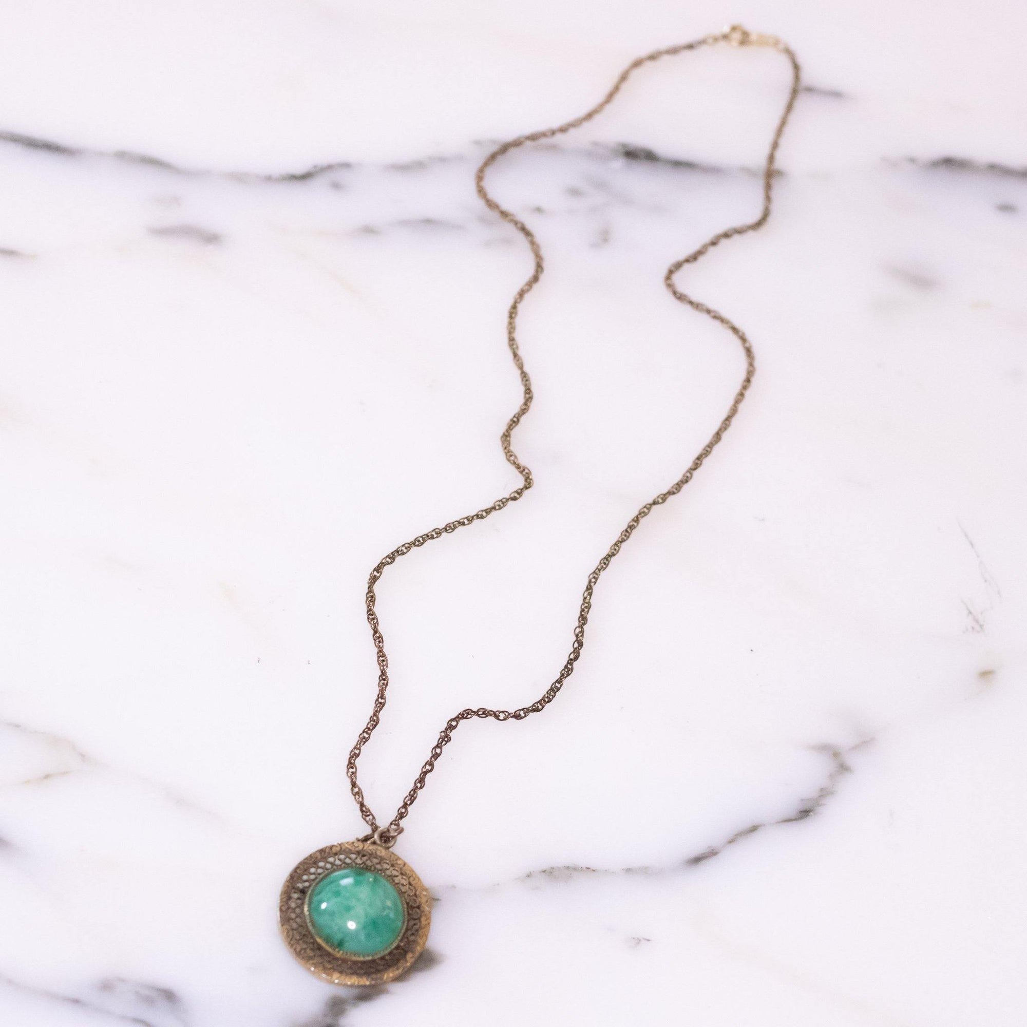 Vintage Art Deco Era Jade Glass Gold Filled Pendant Necklace by Art Deco Era - Vintage Meet Modern Vintage Jewelry - Chicago, Illinois - #oldhollywoodglamour #vintagemeetmodern #designervintage #jewelrybox #antiquejewelry #vintagejewelry