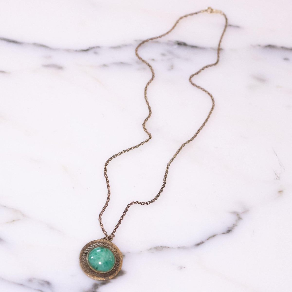 Vintage Art Deco Era Jade Glass Gold Filled Pendant Necklace